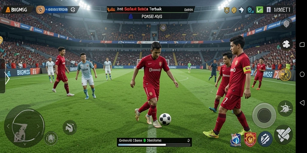 Screenshot gameplay BIGMSG yang menunjukkan aksi seru di lapangan sepak bola.