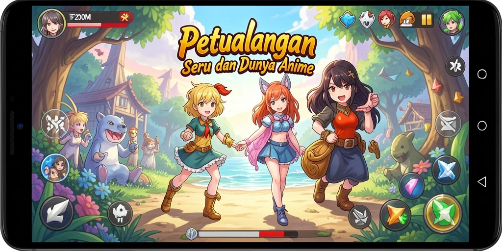 Tampilan gameplay seru F200M dengan karakter anime ikonik.