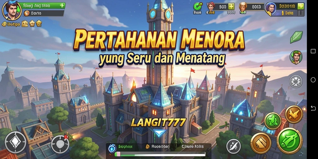 Screenshot menampilkan pertempuran seru di LANGIT777 dengan berbagai menara pertahanan.